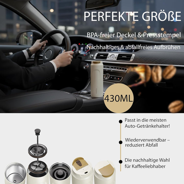 French Press To Go 430 ml Edelstahl doppelwandig isoliert | auslaufsichere Reise Kaffeepresse | Ther