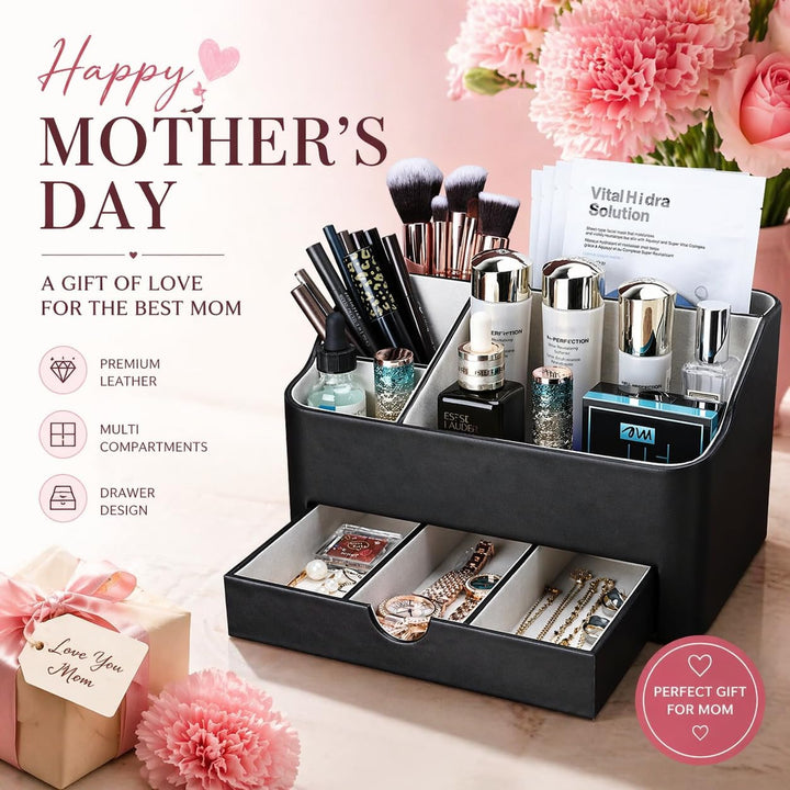 KINGFOM Make Up Kosmetik Organizer, PU Leather Schmink Organizer mit Schublade Skincare Organizer fü