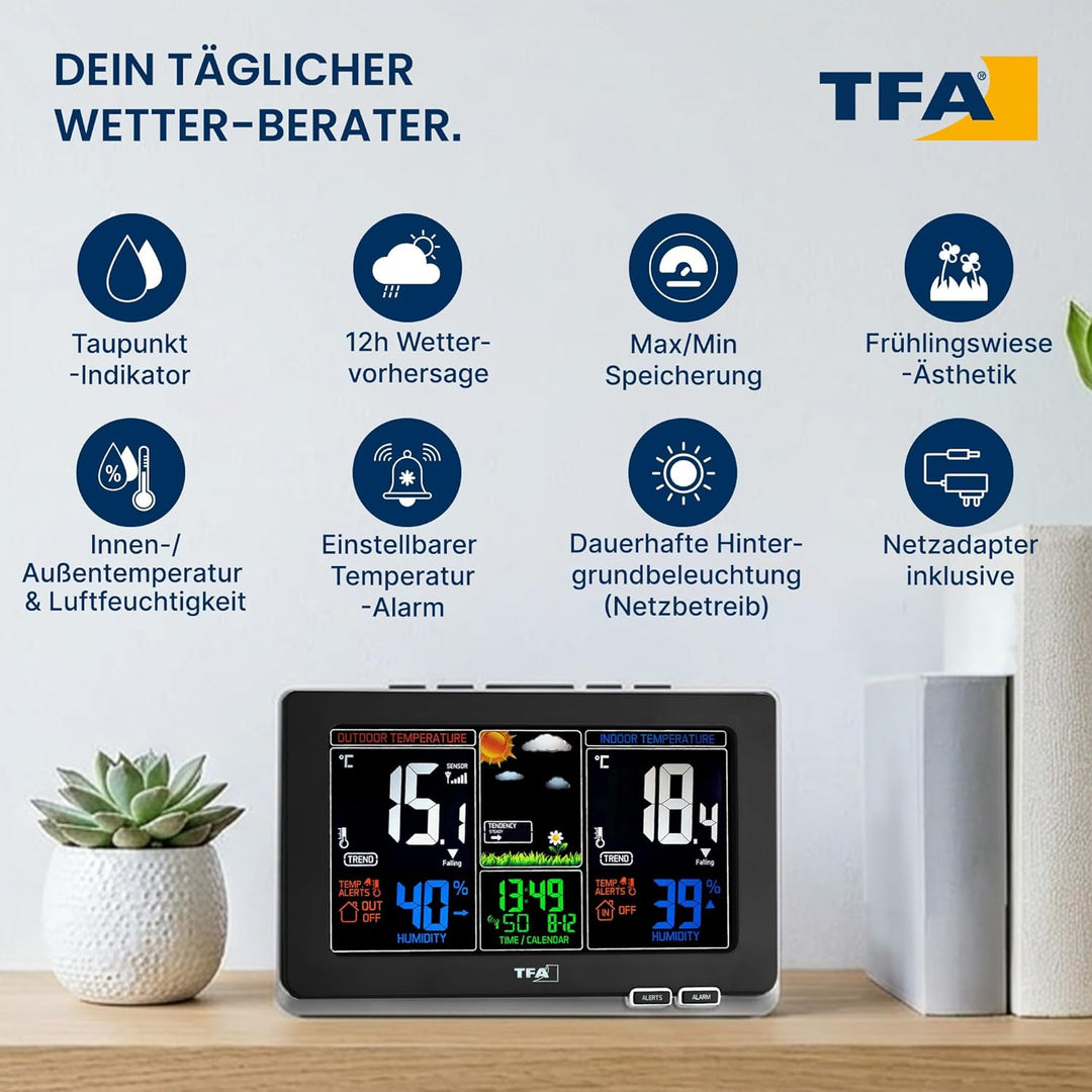 TFA Dostmann Spring Wetterstation, für Innen und Aussen, Funk Aussensensor misst Luftfeuchtigkeit, T