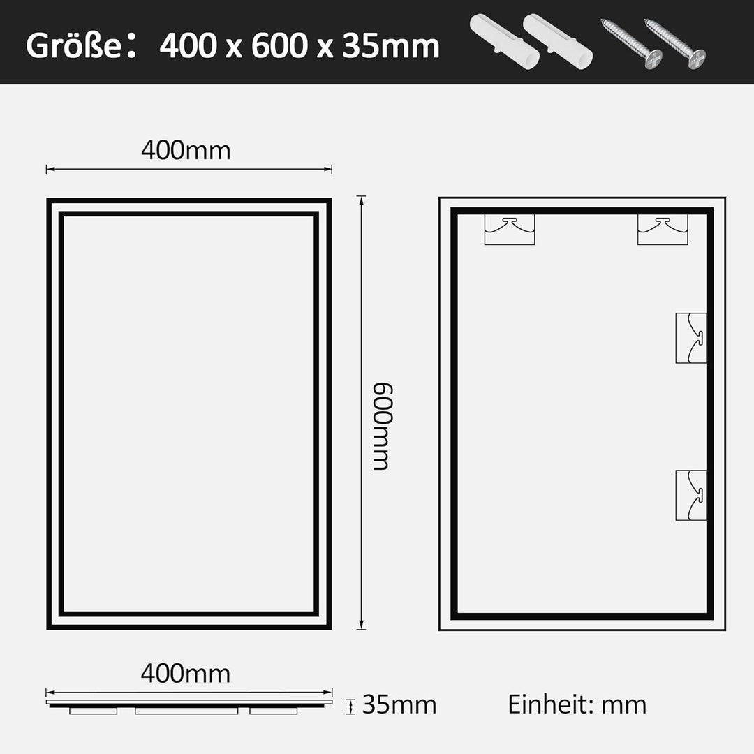 Boromal Badspiegel mit Beleuchtung 60x40cm Wandschalter Badezimmerspiegel Horizontal/Vertikal 6500K