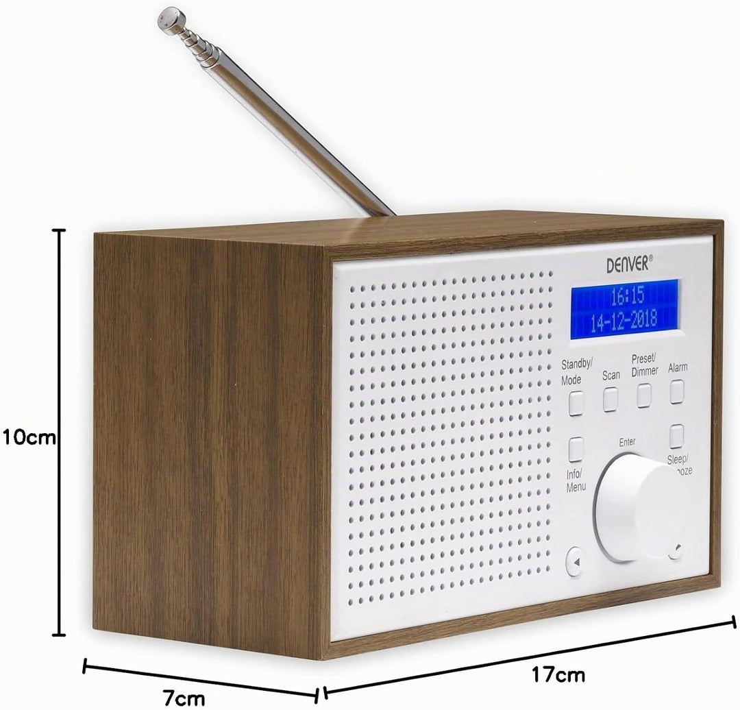 Denver DAB-46 DAB+ und UKW-Radio, Uhr und Wecker, 2 W Audio-Ausgang, Holz-Finish, Weiss, 1954043, We
