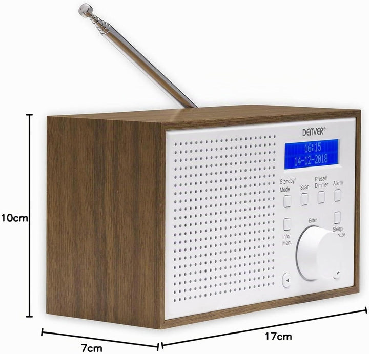 Denver DAB-46 DAB+ und UKW-Radio, Uhr und Wecker, 2 W Audio-Ausgang, Holz-Finish, Weiss, 1954043, We