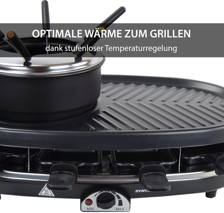Syntrox Raclette 8 Personen, 3-in-1 Olorti mit Fondue &amp; Heisser Stein, 1500W Tischgrill, Natursteinp