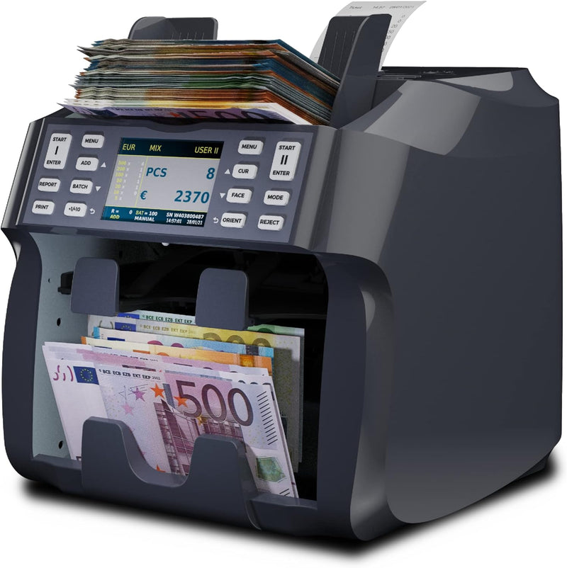 Detectalia V800 Banknotenzähler und Sortiergerät EUR, GBP, USD, CHF, MAD, Integrierter Thermodrucker