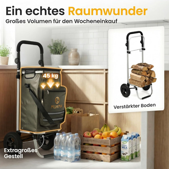 Einkaufstrolley klappbar mit Lufträdern 45 kg – Einkaufswagen faltbar wasserabweisend mit Kühlfach –