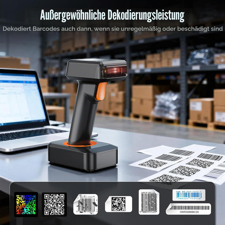 Tera 2D HW006 Barcode-Scanner, kabellos, QR-Code-Scanner mit Bluetooth, Zeitanzeige, Bildschirm, Bat