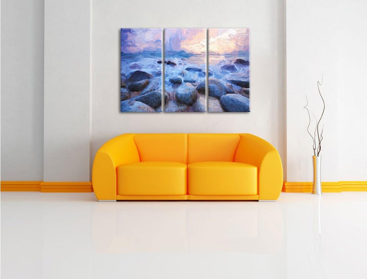 Pixxprint Romantisches Meer Pinsel Effekt 3-Teiler Leinwandbild 120x80 Bild auf Leinwand