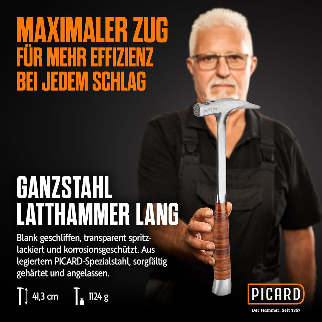 PICARD Ganzstahl-Latthammer lang | Zimmermannshammer mit magnetischem Nagelhalter | Hammer mit Ganzs