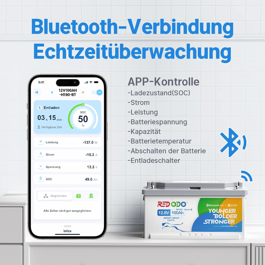 Redodo 12V 100Ah Bluetooth LiFePO4 Batterie mit 188mm Höhe, 1280Wh Tiefzyklus Lithium Batterie mit S