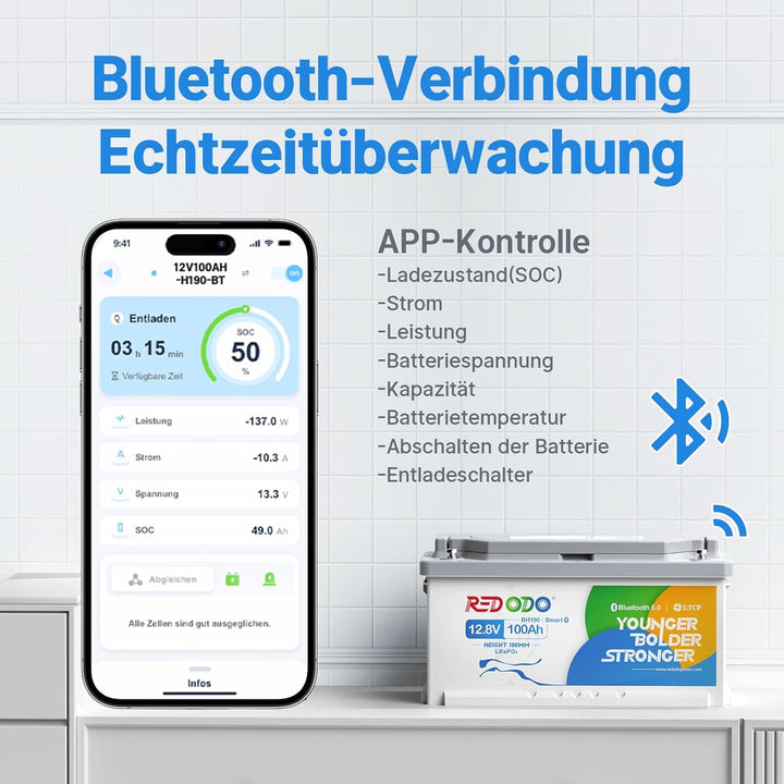 Redodo 12V 100Ah Bluetooth LiFePO4 Batterie mit 188mm Höhe, 1280Wh Tiefzyklus Lithium Batterie mit S