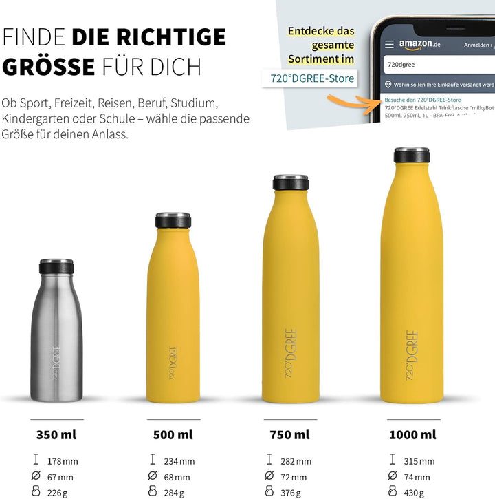 720°DGREE Edelstahl Trinkflasche “milkyBottle” - 500ml - Perfekt für Kinder, BPA-Frei, Auslaufsicher