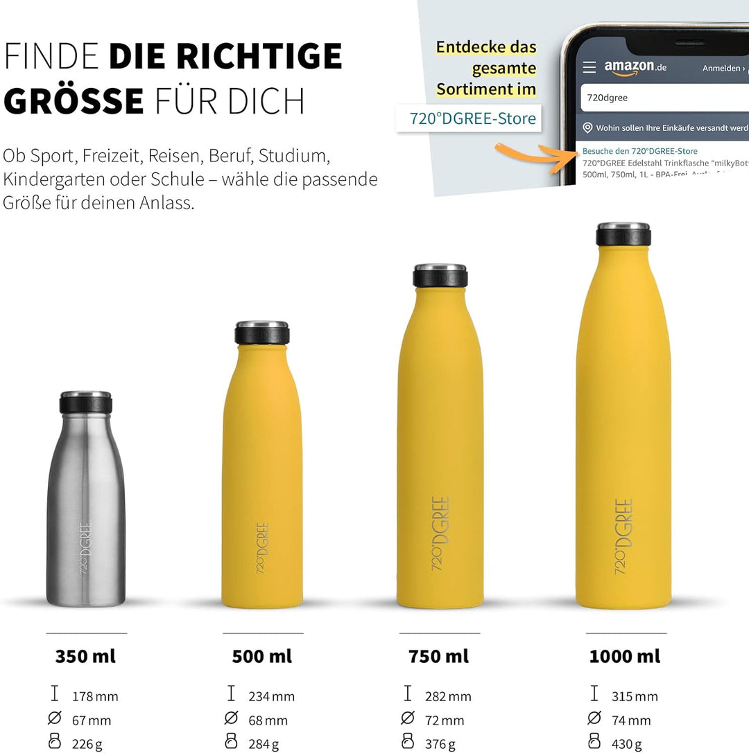 720°DGREE Edelstahl Trinkflasche “milkyBottle” - 1L - BPA-Frei, Auslaufsicher, Kohlensäure geeignet