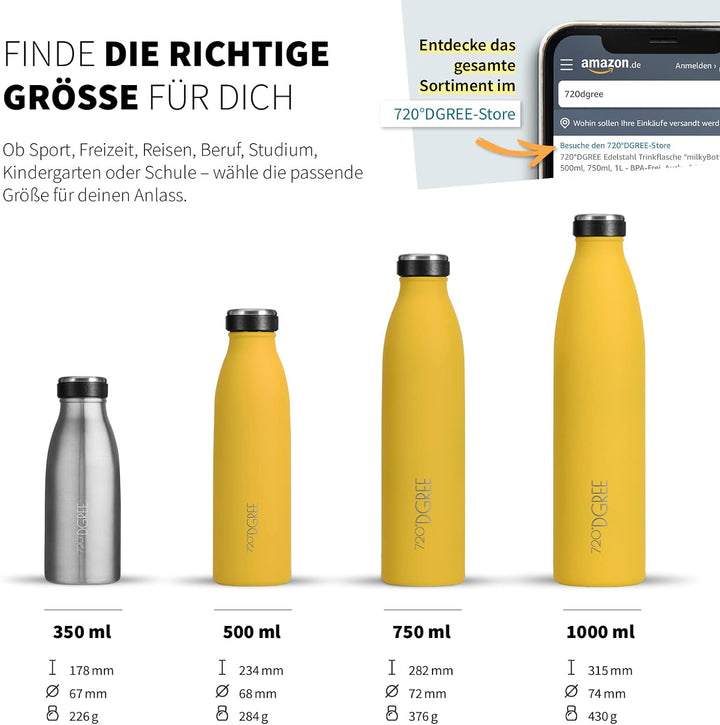 720°DGREE Edelstahl Trinkflasche “milkyBottle” - 1L - BPA-Frei, Auslaufsicher, Kohlensäure geeignet