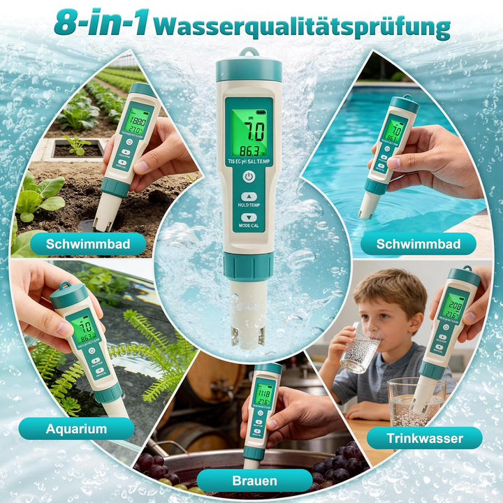 8 in 1 PH Messgerät Wasser, pH Wert Messgerät, misst pH ORP Salzgehalt TDS EC Temperatur, Digitaler