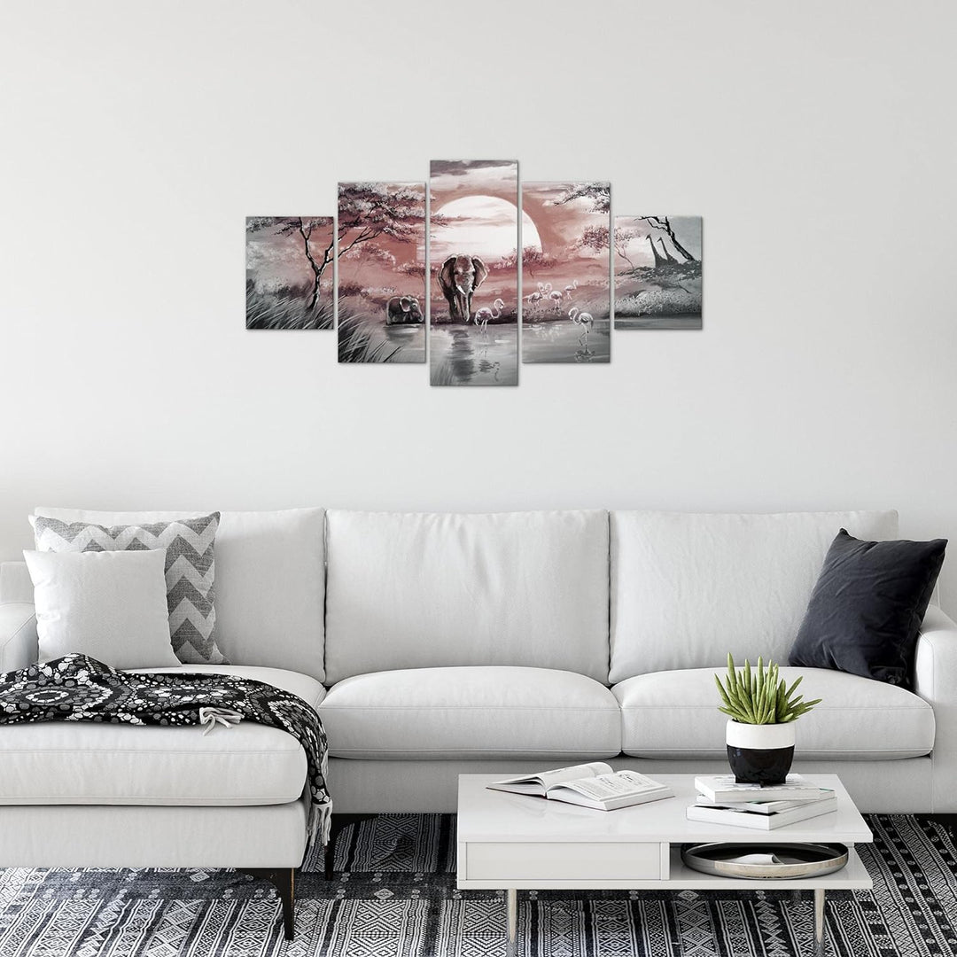 Runa Art Wandbilder Afrika Elefant 5 Teilig Bild auf Vlies Leinwand Deko Wohnzimmer Schlafzimmer Son
