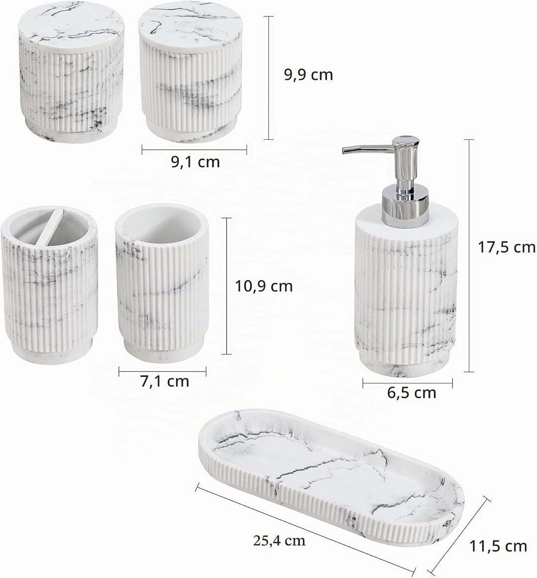 Badezimmer Set 6-TLG | Seifenspender + Zahnputzbecher mit Tablett &amp; Wattestäbchenbox | Design Streif