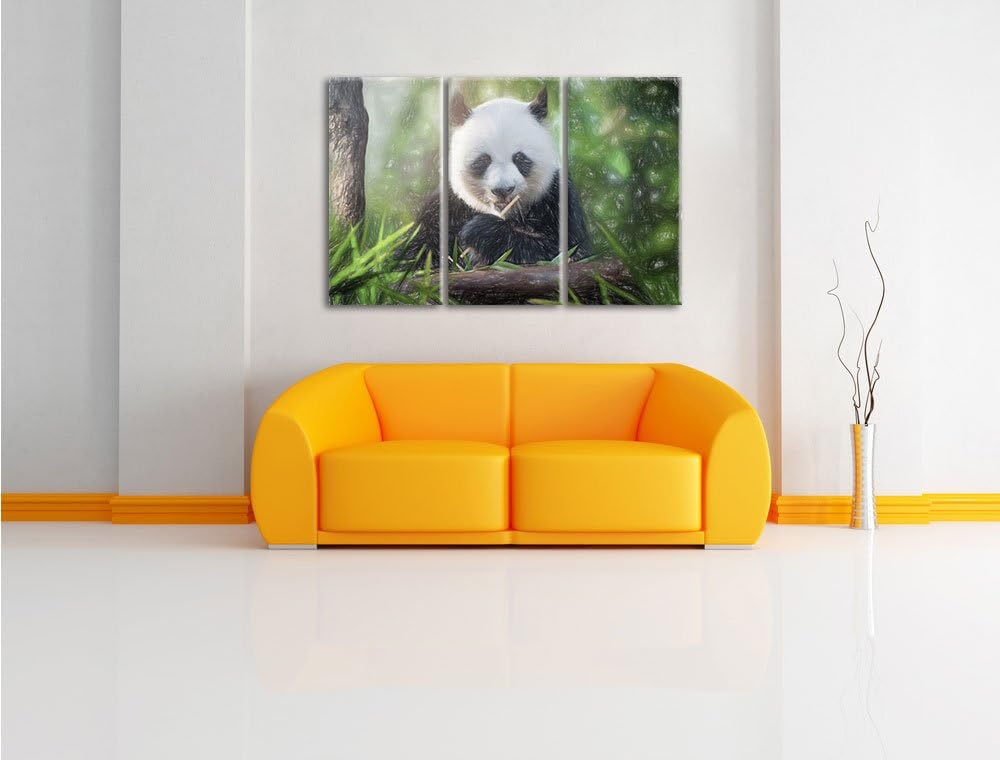 Pixxprint Niedlicher Panda isst Bambus als Leinwandbild/Grösse: 3 Teilig (120x80) / Wandbild/Kunstdr