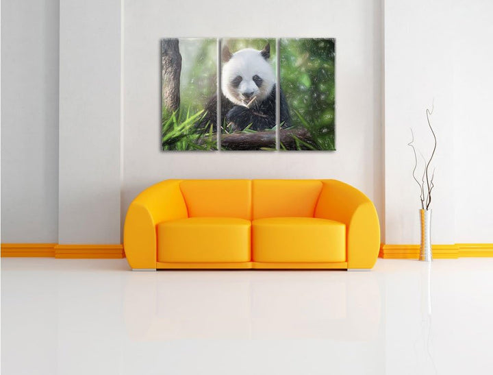 Pixxprint Niedlicher Panda isst Bambus als Leinwandbild/Grösse: 3 Teilig (120x80) / Wandbild/Kunstdr