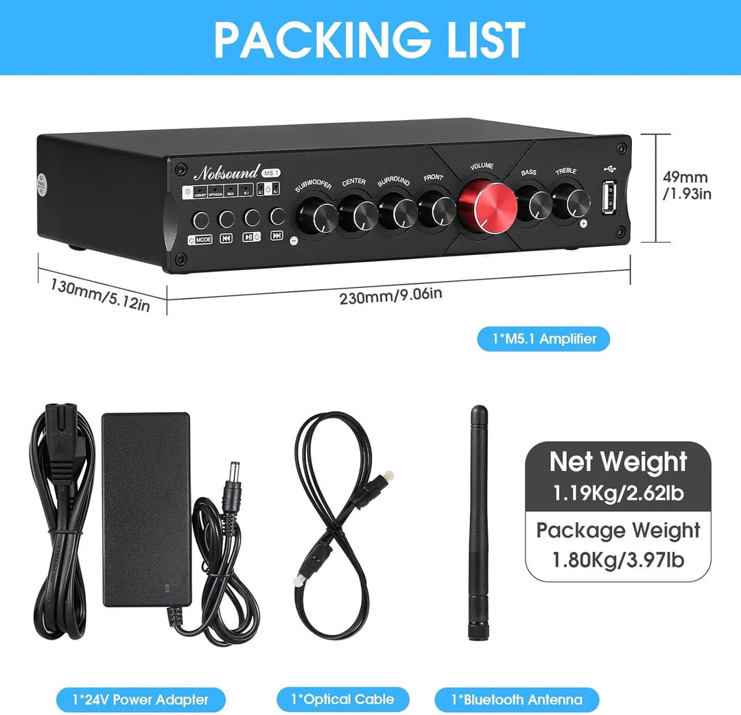 Nobsound HiFi 5.1 Kanal Bluetooth Verstärker Stereo Heimkino Power Amp Subwoofer Verstärker Audio Am