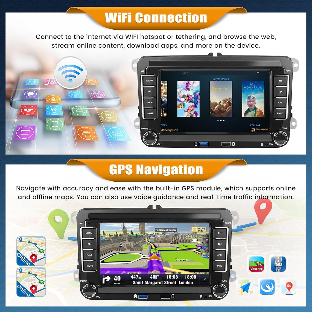 Android 15, 4G+64G 8-Core CAMECHO Autoradio für VW Golf 5 6 Passat Polo Tiguan Touran Caddy Skoda Se
