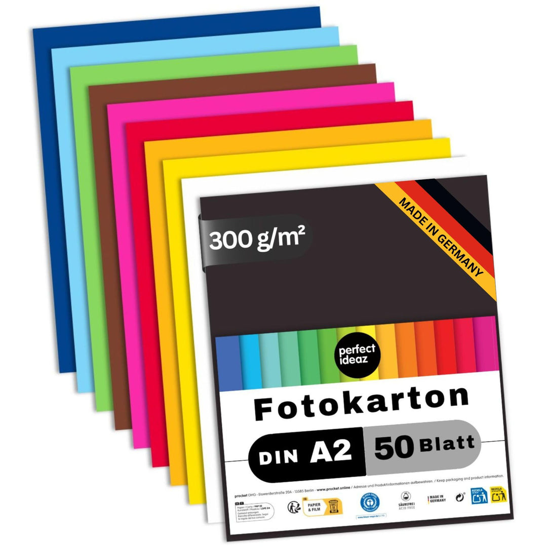 perfect ideaz 50 Blatt Fotokarton DIN-A2, 10 Farben, stabiler recycling Karton 300 g/m², Made in Ger