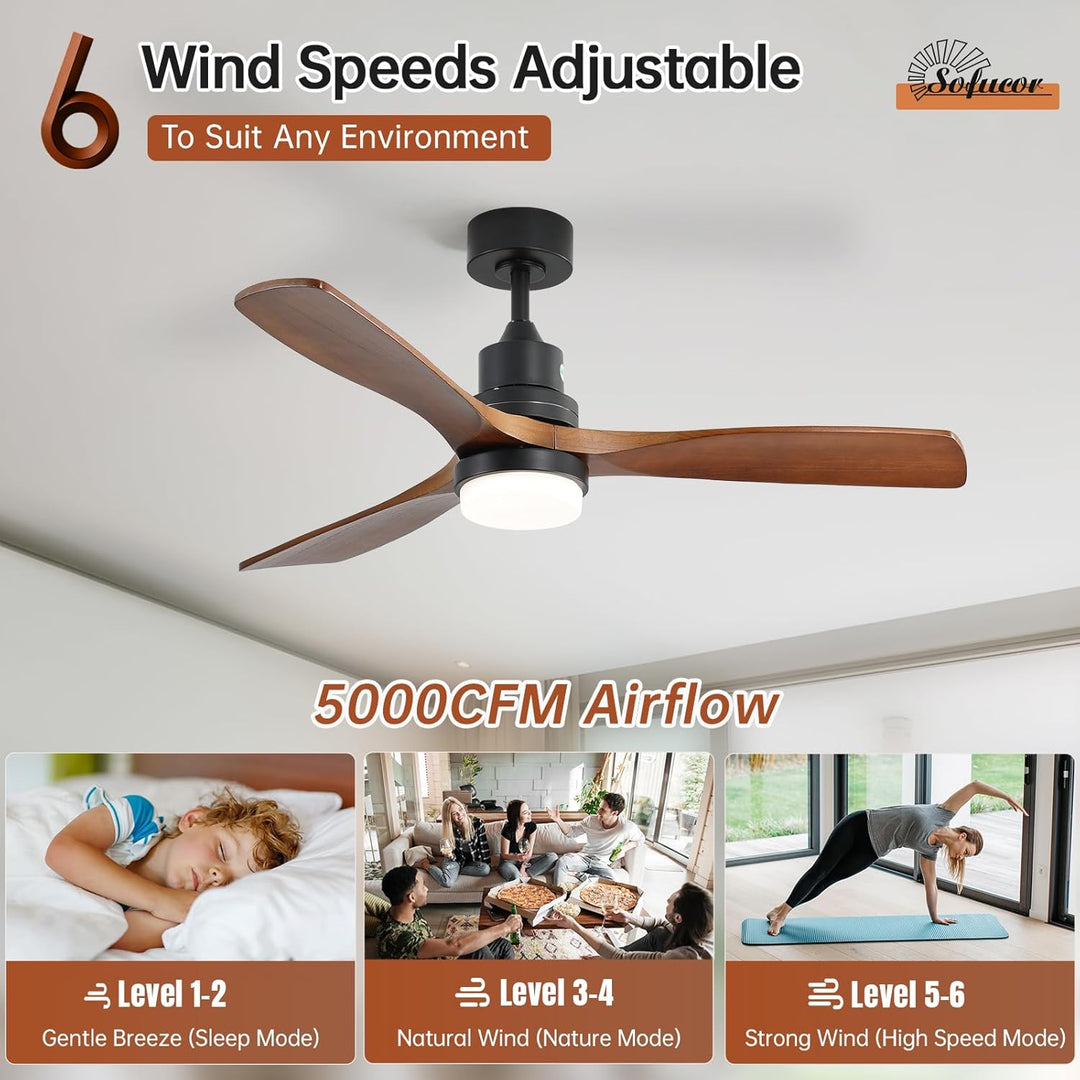 Sofucor Deckenventilator mit Beleuchtung und Fernbedienung, Deckenventilator mit Licht, 3 Holzlüfter