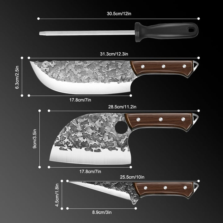 MDHAND Metzgermesser Set 3-teilig Handgeschmiedetes Serbisches Kochmesser Set mit Ausbeinmesser & Ha