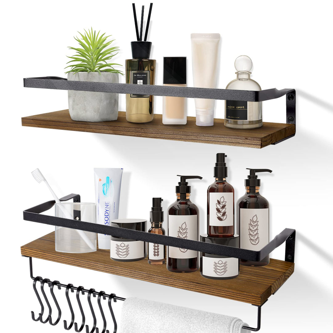 AGM Wandregal Holz 2er Set mit Handtuchhalter, schwimmende Regale Wand aufbewahrungs Regal Hängerega