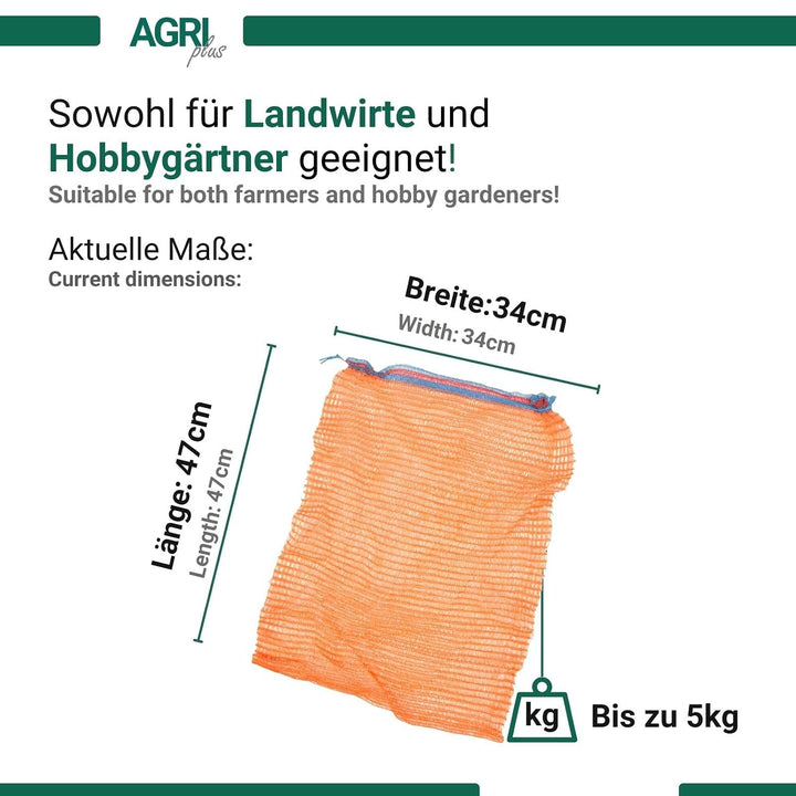AGRI plus 100 Stück Gemüsesäcke orange mit Zugband I 34 x 47 cm I verschiedene Grössen I Grobmaschig