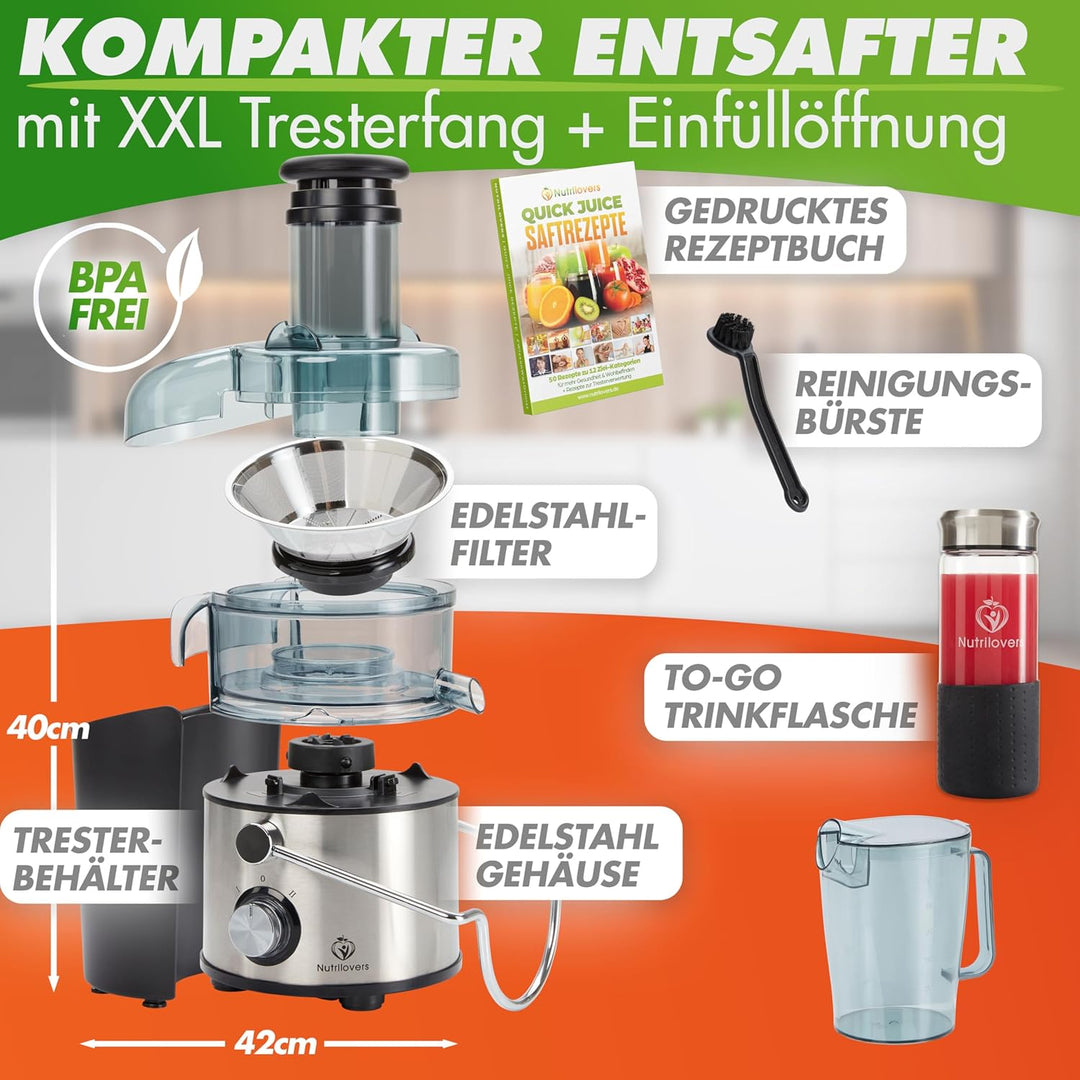 Nutrilovers QUICK-JUICER MAX Entsafter Obst und Gemüse, XXL Einwurf, Edelstahlsieb, Externer Trester