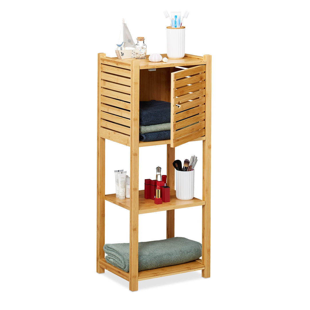 Relaxdays Badregal aus Bambus, 3 Ablagen &amp; 1 Fach mit Tür, Bad &amp; Küche, schmales Badmöbel, HBT: 87,5
