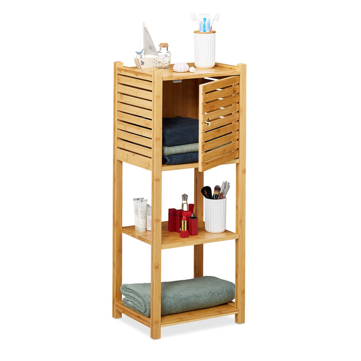Relaxdays Badregal aus Bambus, 3 Ablagen &amp; 1 Fach mit Tür, Bad &amp; Küche, schmales Badmöbel, HBT: 87,5