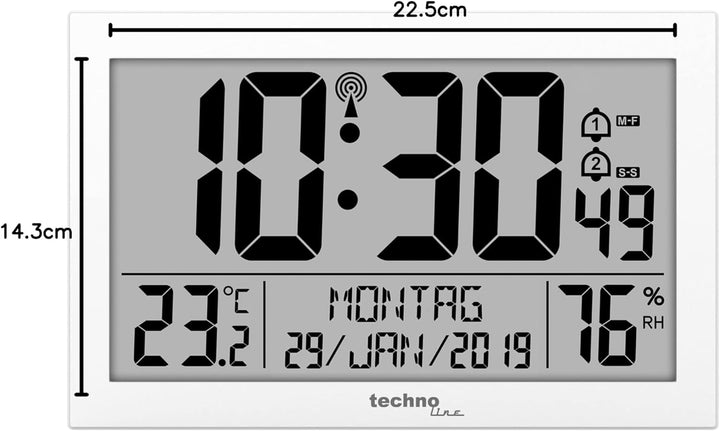 Technoline WS 8016 Moderne, Digitale Funk-Wand-Uhr mit Temperaturanzeige, Kuststoff, weiss, 225 x 14