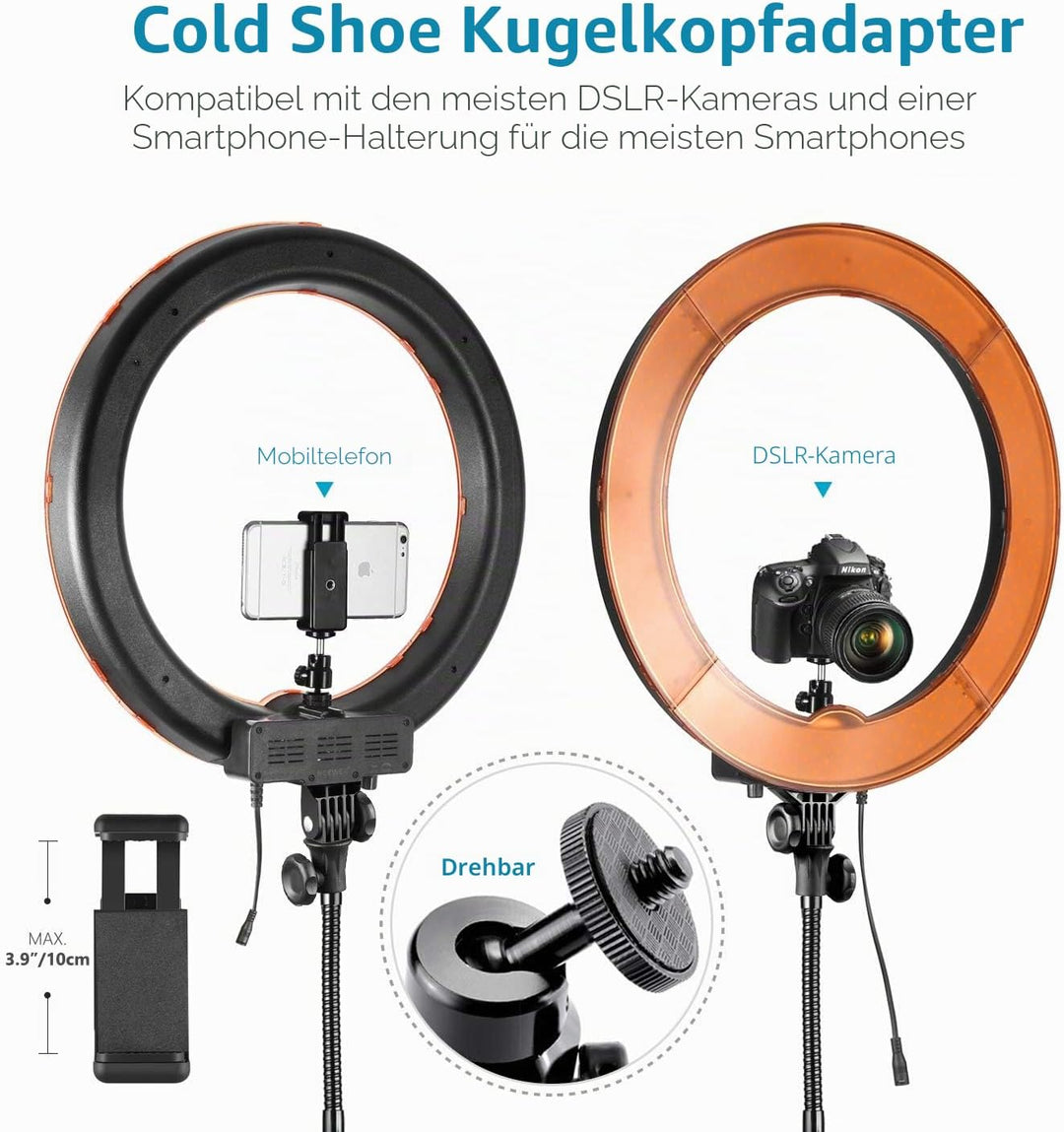 Neewer Kamera Foto Video Ringlicht Kit: 18 Zoll/48 Zentimeter Aussen 52W 5500K dimmbare LED Ringlich