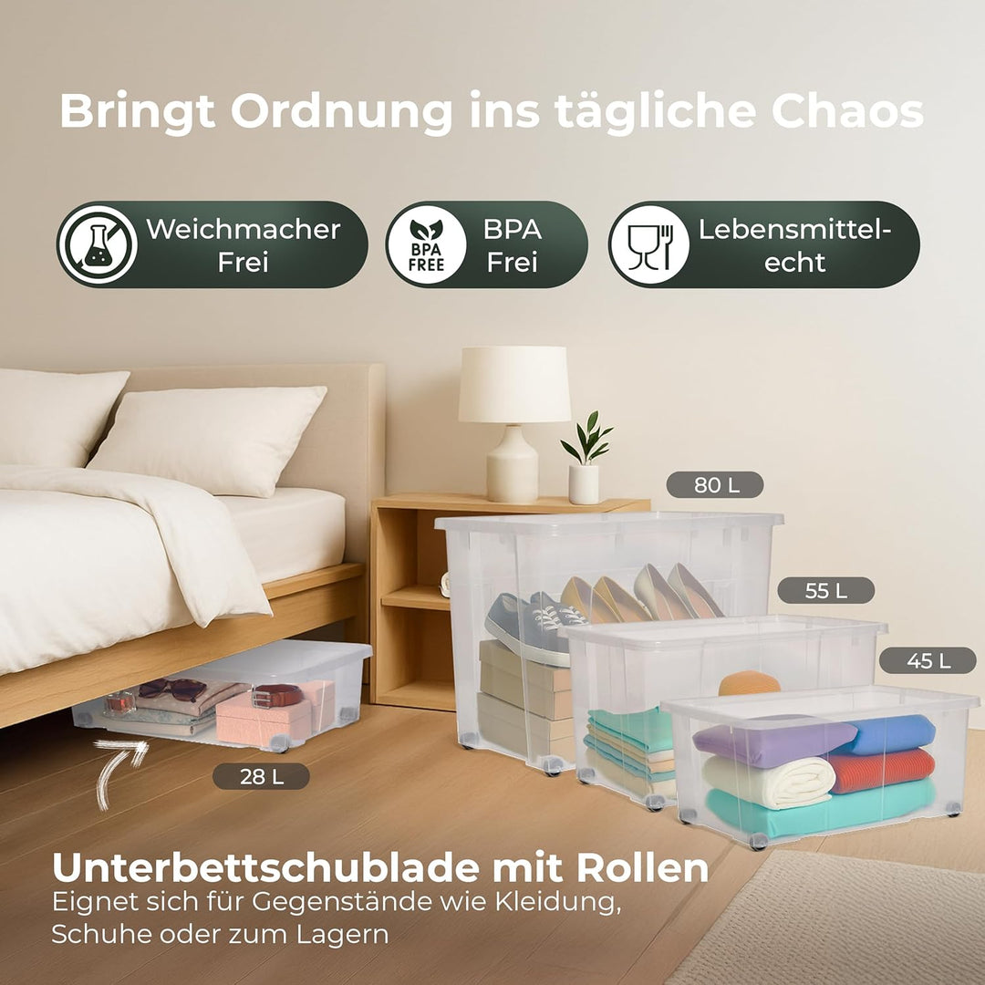 Novaliv 2x Unterbettkommode ohne Deckel 28L Aufbewahrungsbox transparente Nestbar stapelbare Rollkis