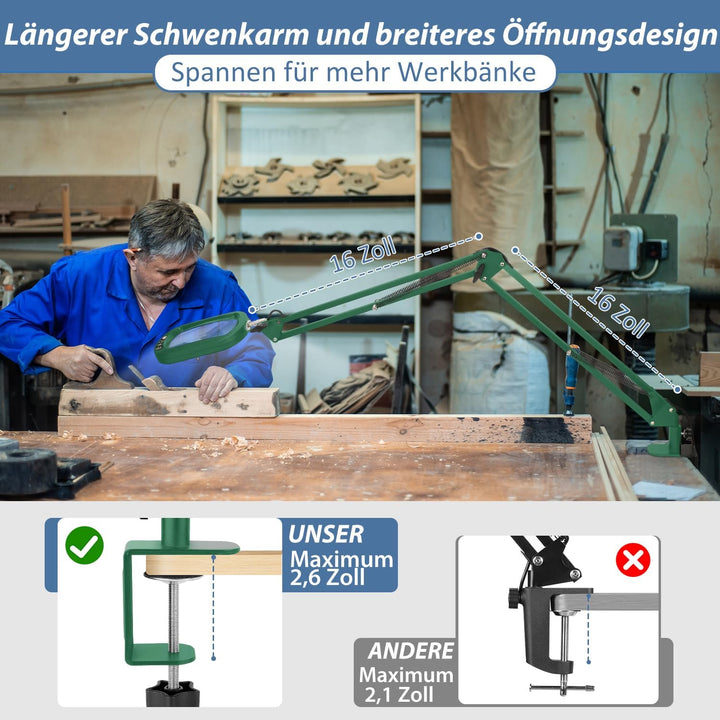 Veemagni 10X Echtes Glas Rechteckige Lupe mit Licht und Klemme, 5 Farbmodi stufenlos dimmen, 2 * 16
