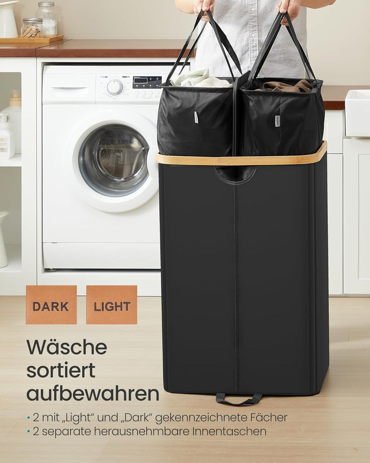 SONGMICS Wäschekorb 2 Fächer, Wäschesammler, 150 Liter, Wäschesortierer mit Deckel, Wäschetonne, Wäs