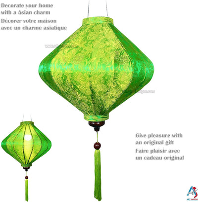 Asiatische Laterne Lampion aus Grün Seide, T Ø39cm - Traditionelle Hoi An Hängelampe aus Stoff, Bamb