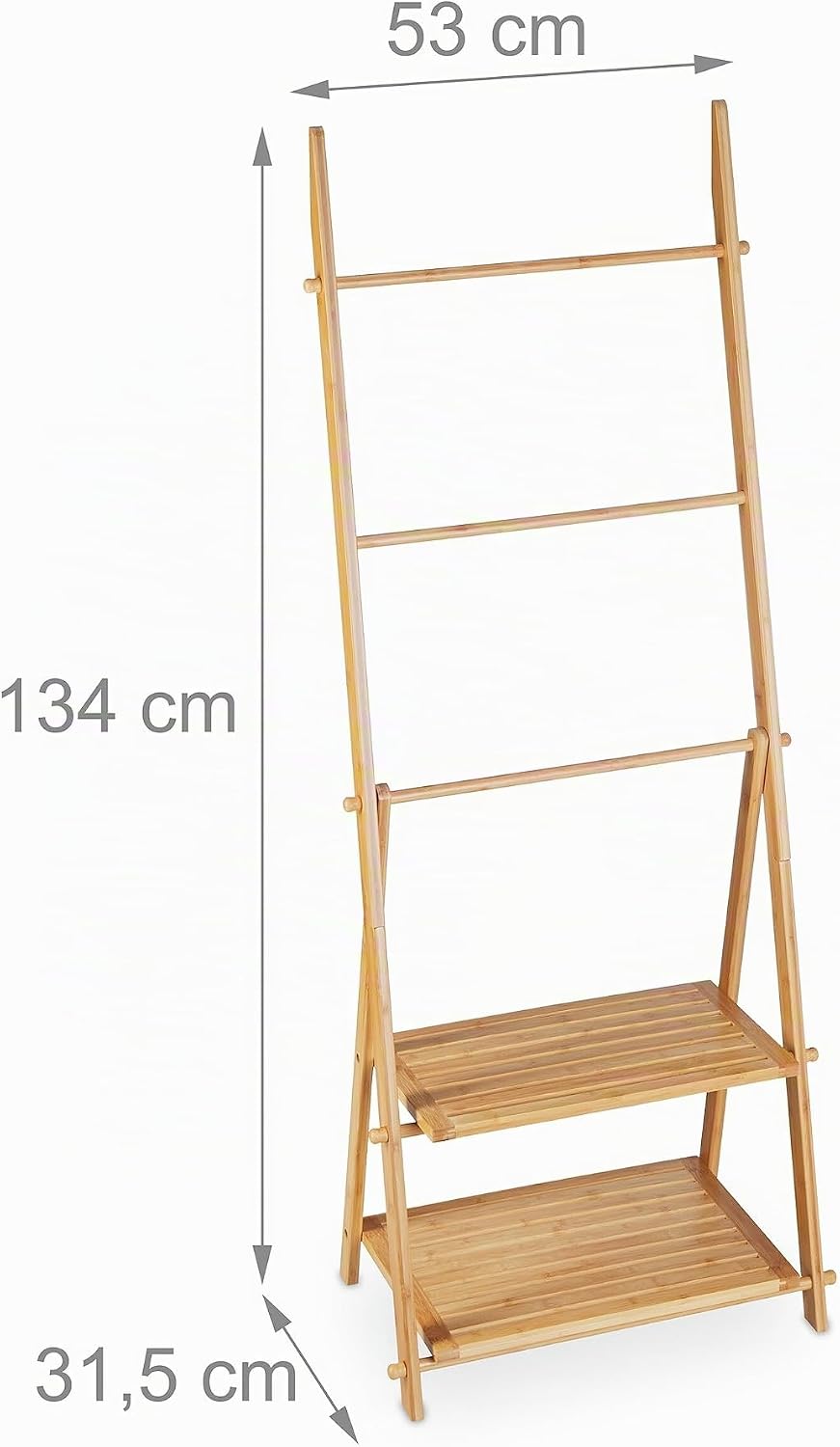 Relaxdays Handtuchleiter Bambus, 3 Stangen, 2 Ablagen, HBT: 134 x 53 x 31,5 cm, klappbar, Standhandt