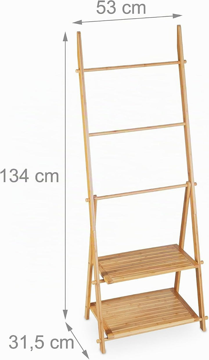 Relaxdays Handtuchleiter Bambus, 3 Stangen, 2 Ablagen, HBT: 134 x 53 x 31,5 cm, klappbar, Standhandt