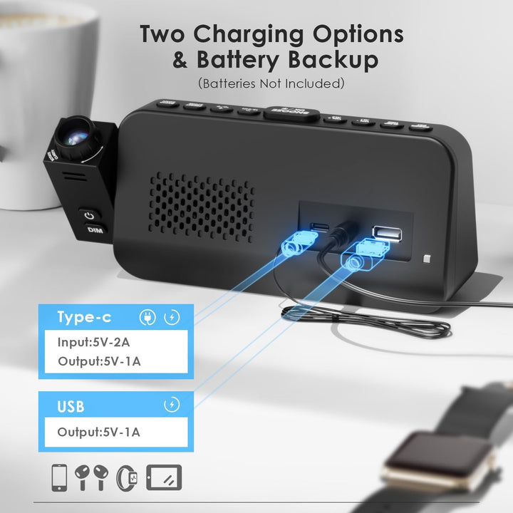 ROCAM Radiowecker mit Projektion, Projektionswecker für Schlafzimmer, Digital Uhr, Dimmer, Typ-C USB