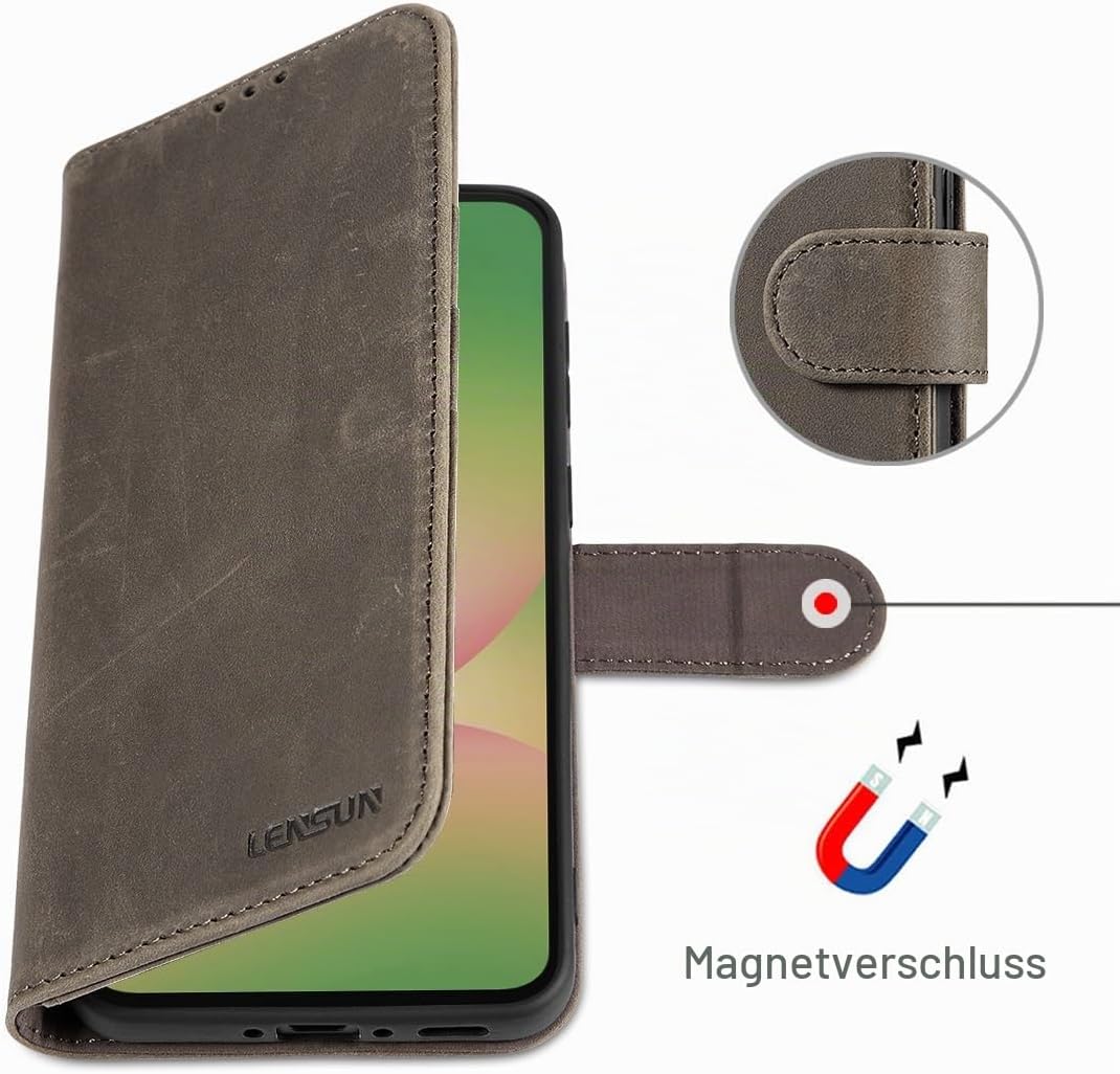 LENSUN Lederhülle für Samsung Galaxy A56, Echtleder Hülle [Echtes Leder][RFID-Schutz Kartenfach][Bri