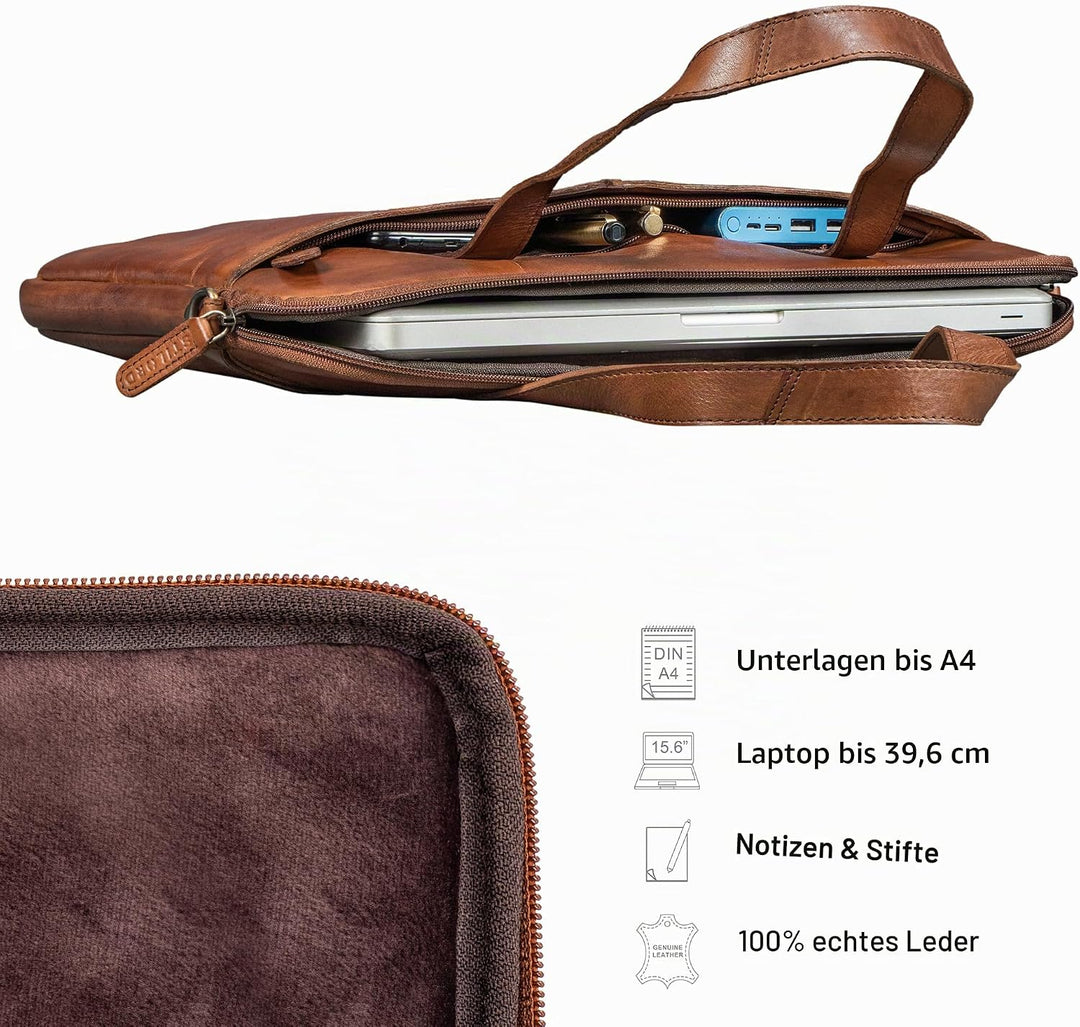 STILORD "Leonel Schmale Laptoptasche 15.6 Zoll Leder Braun Aktentasche Herren Notebooktasche Echtled