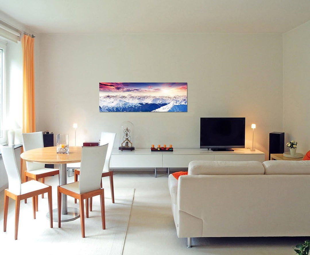 Paul Sinus Art Panoramabild auf Leinwand und Keilrahmen 150x50cm Berge Gebirge Schnee Nebel Abendrot