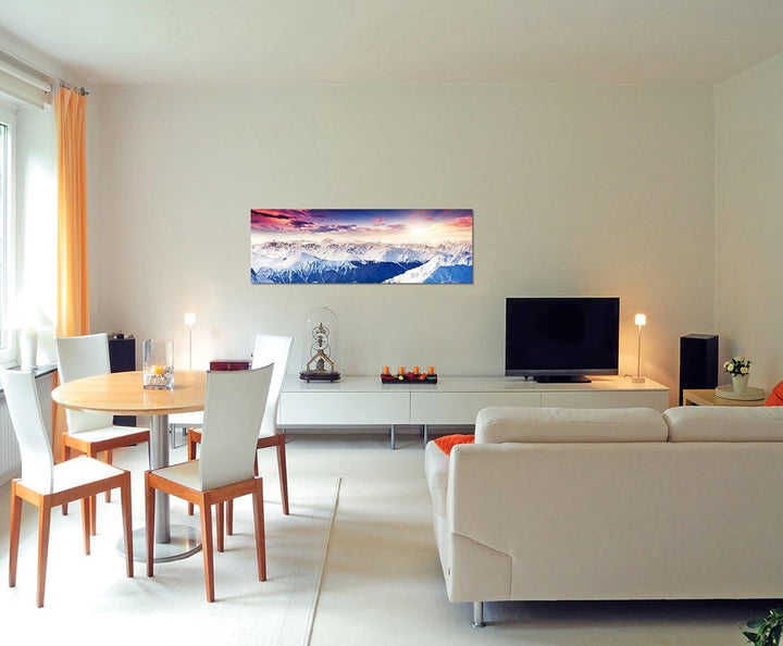 Paul Sinus Art Panoramabild auf Leinwand und Keilrahmen 150x50cm Berge Gebirge Schnee Nebel Abendrot