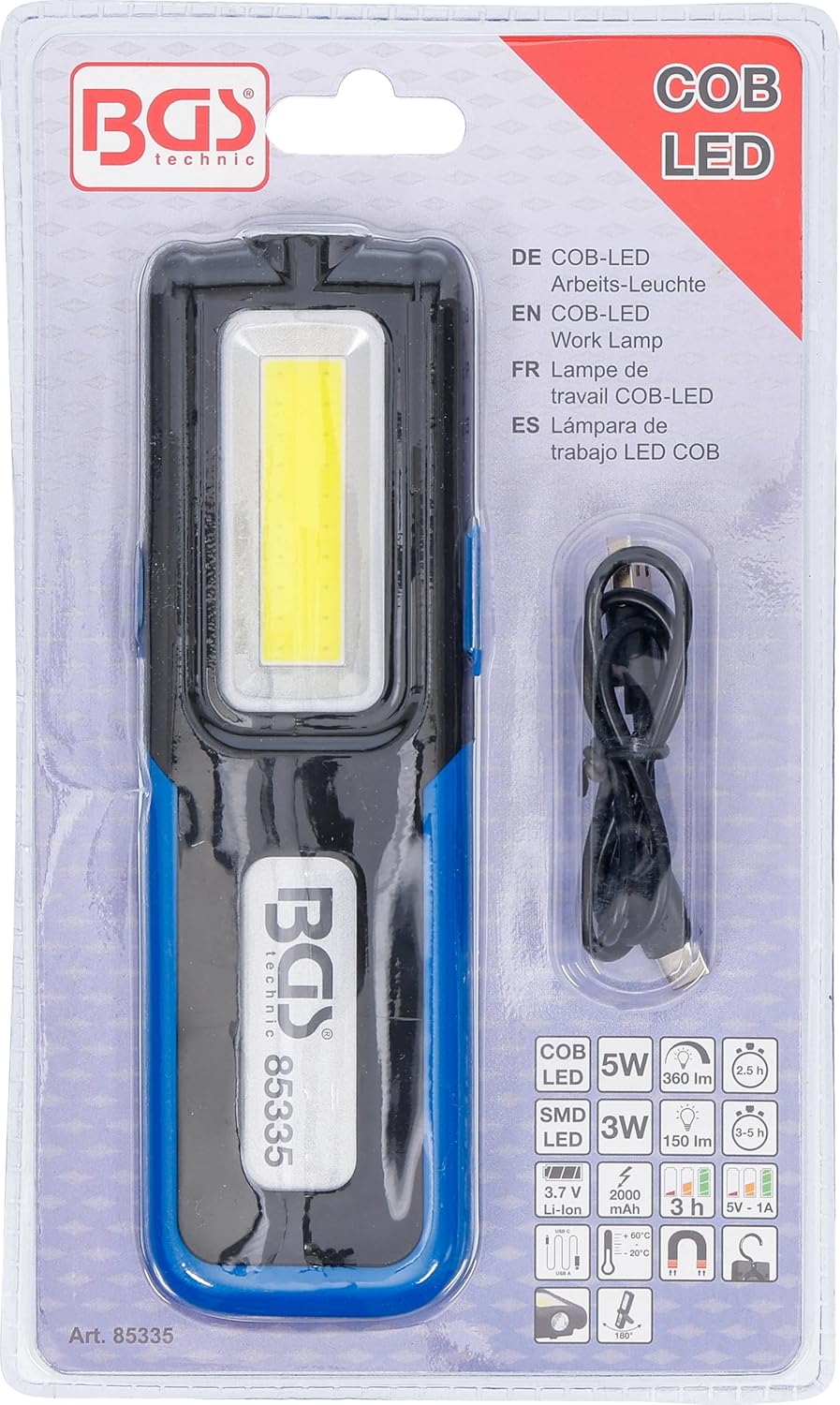 BGS 85335 | COB-LED Arbeits-Leuchte | klappbar | mit Haken und Magnet | 180° drehbares Griffstück in