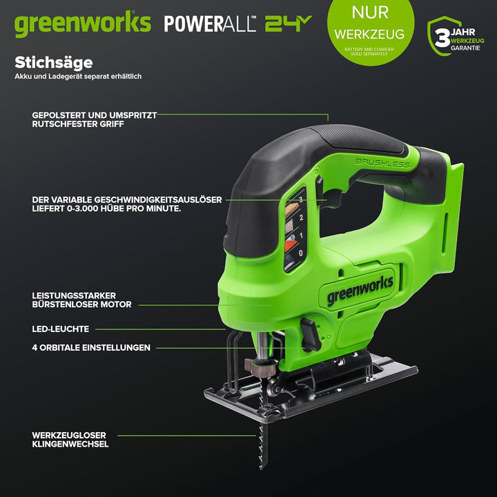 Greenworks 24V Akku-Bürstenlose Stichsäge, 3000spm, Neigungsverstellbar bis max. 45°, 4 Orbitaleinst