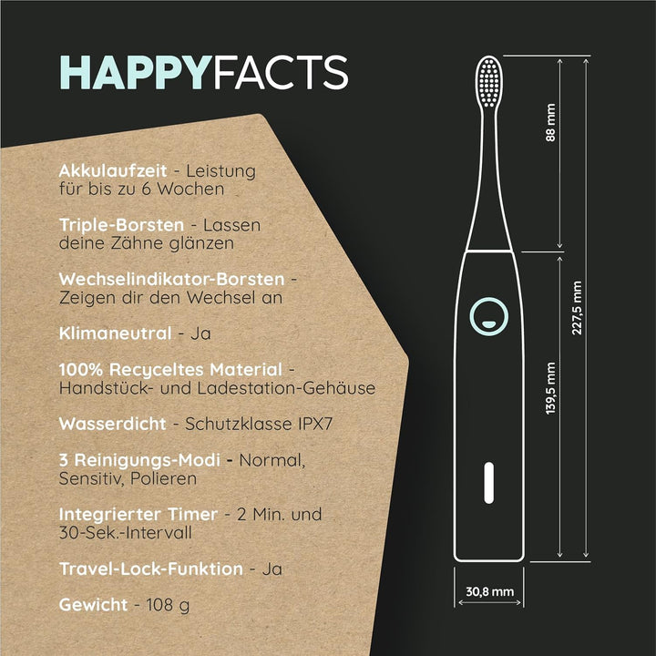 happybrush® Elektrische Schall-Zahnbürste Eco VIBE 3 im Doppelpack - Nachhaltige Zahnbürste mit 6 Wo