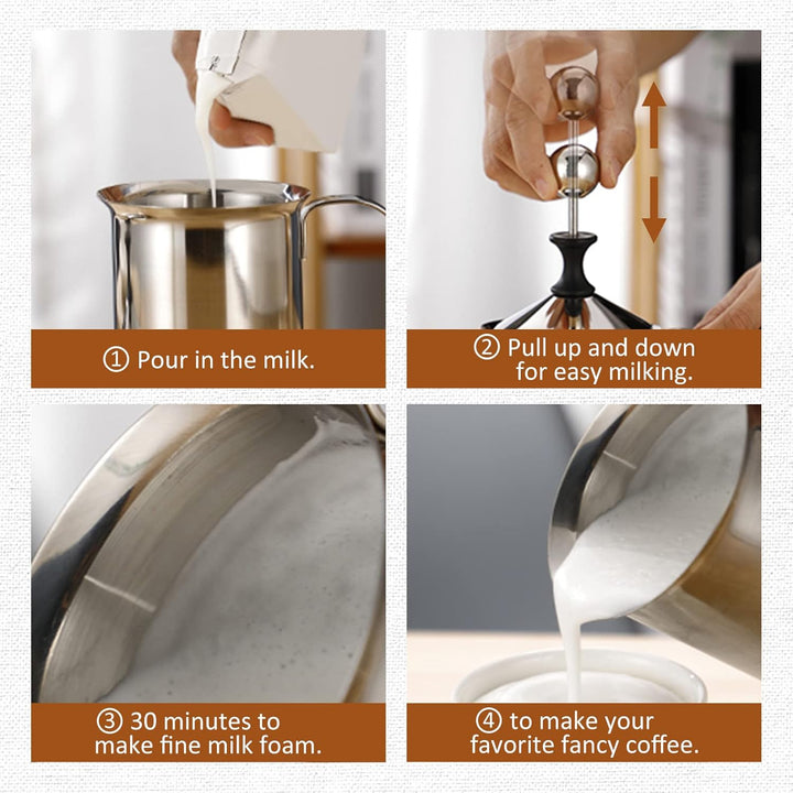 Manuelle Milchschaum, 400ml Edelstahl Milk Frother Milchaufschäumer mit Doppeltem Sieb und Spezielle