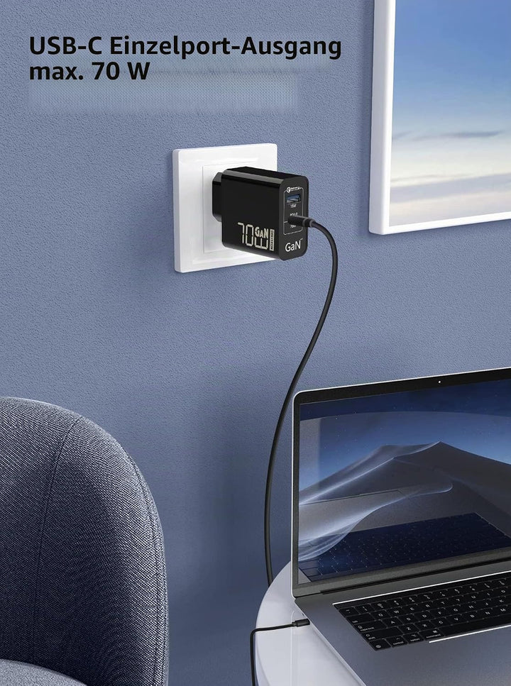 70W USB C Ladegerät, Type C PD GaN Netzteil mit 100W Schnellladekabel 2-Port USB C Netzteil (Funktio